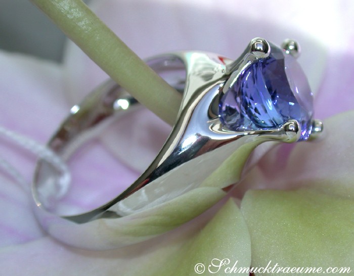 Weißgold-Tansanit Solitär-Ring mit floraler Hintergrund-Dekoration