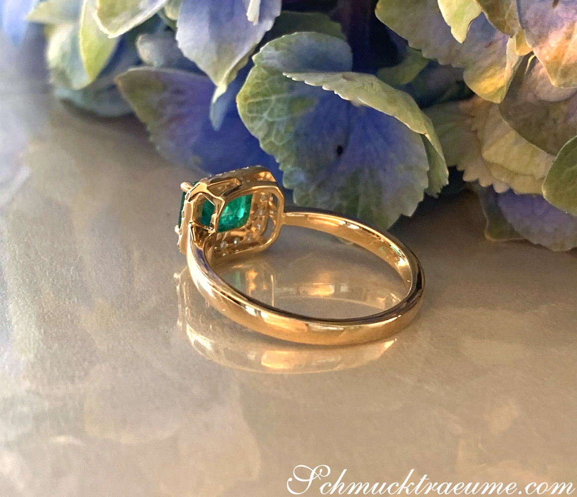 Goldener Smaragd-Ring mit Brillanten, blütenähnliche Hintergrunddetails