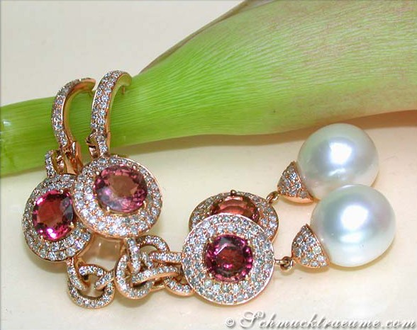 Südseeperlen-Ohrgehänge mit Turmalinen und Brillanten in Roségold 750