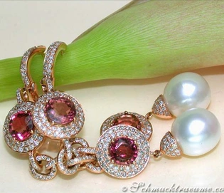 Südseeperlen-Ohrgehänge mit Turmalinen und Brillanten in Roségold 750