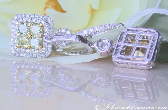 Weißgold-Ohrringe mit gelben und weißen Diamanten, Detailaufnahme, elegant, hochwertig