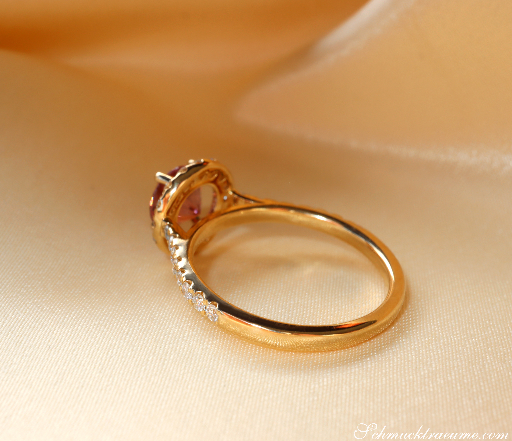 Goldener Ring mit Granat und Brillanten, Detailaufnahme von Seite