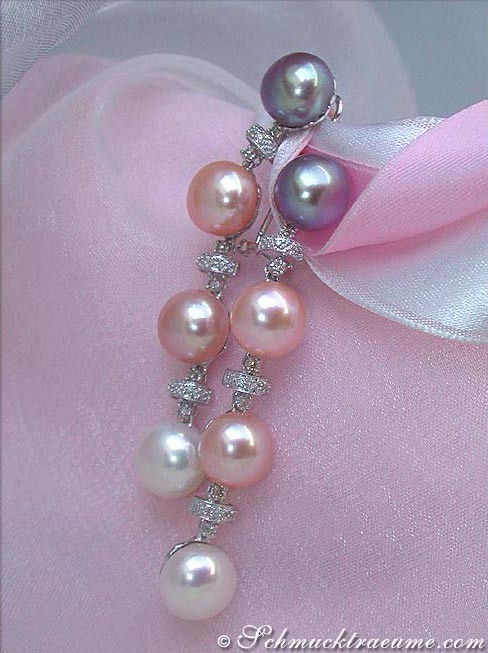 Multicolor Süßwasserperlen Ohrgehänge mit Weißgold auf rosa Seidenband