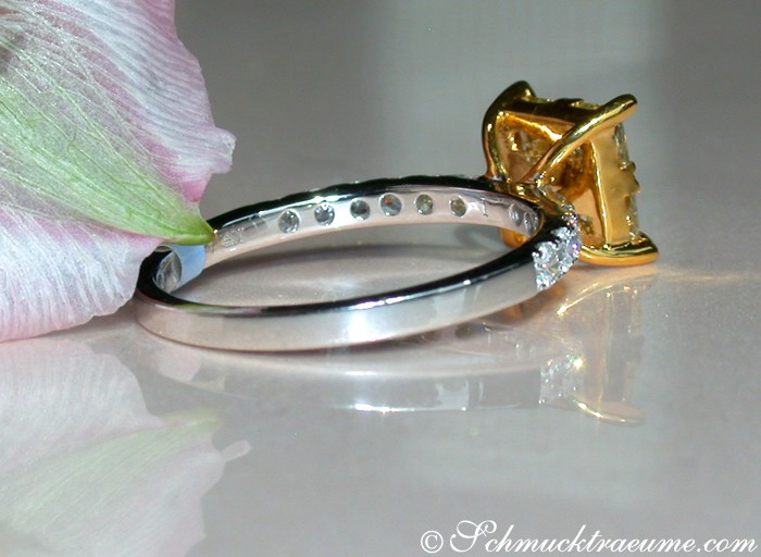 Detailansicht des gelben Diamanten-Rings mit Brillanten im Carré-Design auf weißem Untergrund