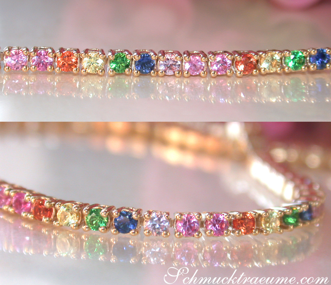 Gelbgold Armband mit farbenfrohen Saphiren im Tennisstil.