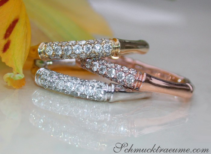 Goldene Diamantringe im Bambus-Design, moderner Chic, Tricolor-Fertigung