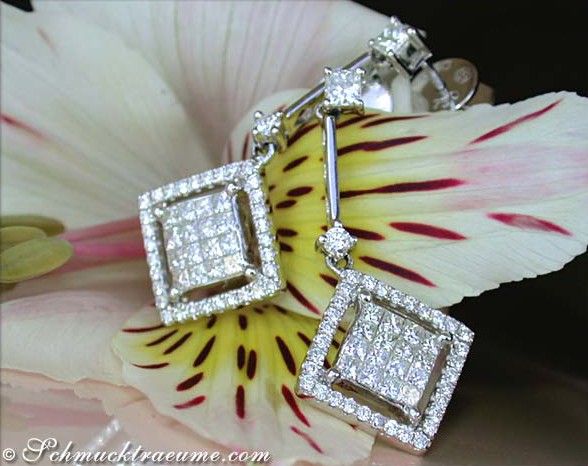 Prinzessdiamanten-Ohrringe aus Weißgold 750, Carré-Design mit Brillanten