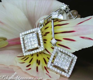 Prinzessdiamanten-Ohrringe aus Weißgold 750, Carré-Design mit Brillanten