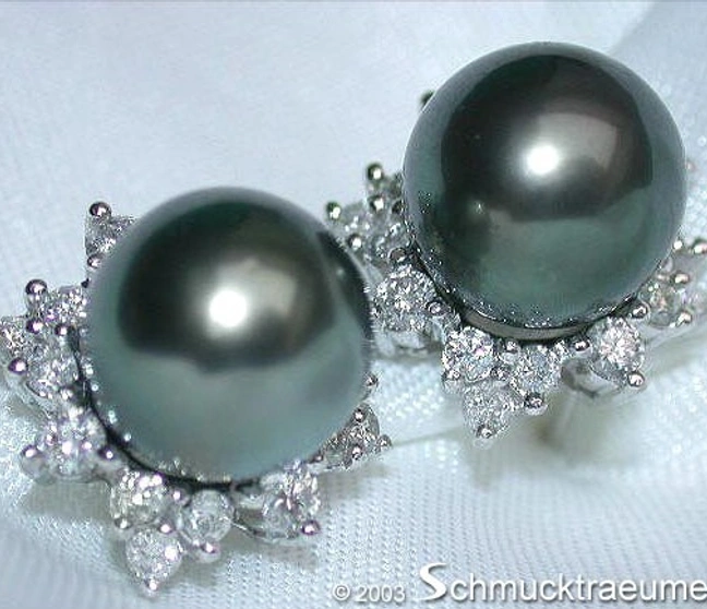 Tahitiperlen-Ohrstecker im Stern-Design, Weißgold 750, 10-11 mm, detailreich, elegant Tahitiperlen-Ohrstecker im Stern-Design, Weißgold 750, 10-11 mm, detailreich, elegant