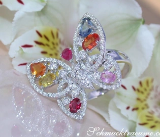 Schmetterlingsring aus Weißgold mit farbenfrohen Saphiren und Diamanten