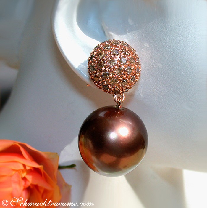 Bronze Tahitiperlen-Ohrhänger mit naturbraunen Brillanten, roségoldene Verarbeitung