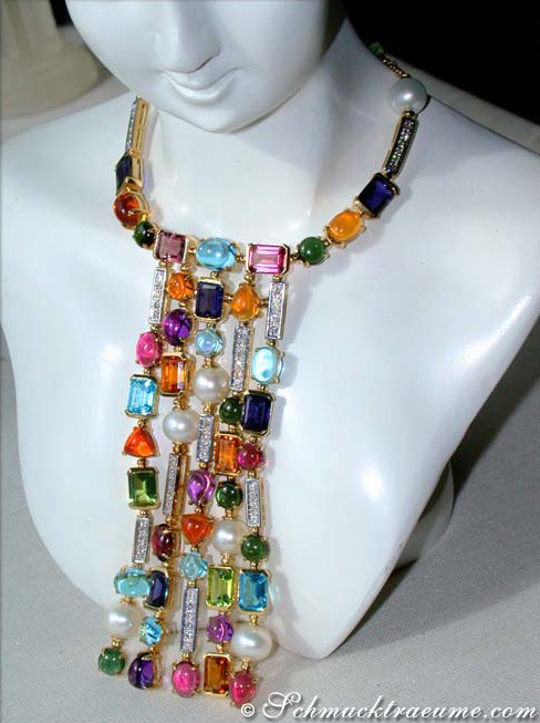 Luxuriöses Multicolor Edelstein Collier mit Perlen & Diamanten - Image 3