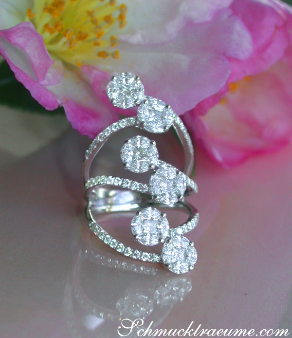 Weißgold 750 Ring mit Marquise Diamanten, Detailaufnahme, Blüte im Hintergrund